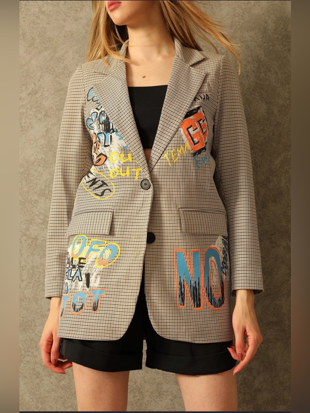 Gesvages plaid Graffiti Blazer size s/36 made in turkey urban streetwear jacket
